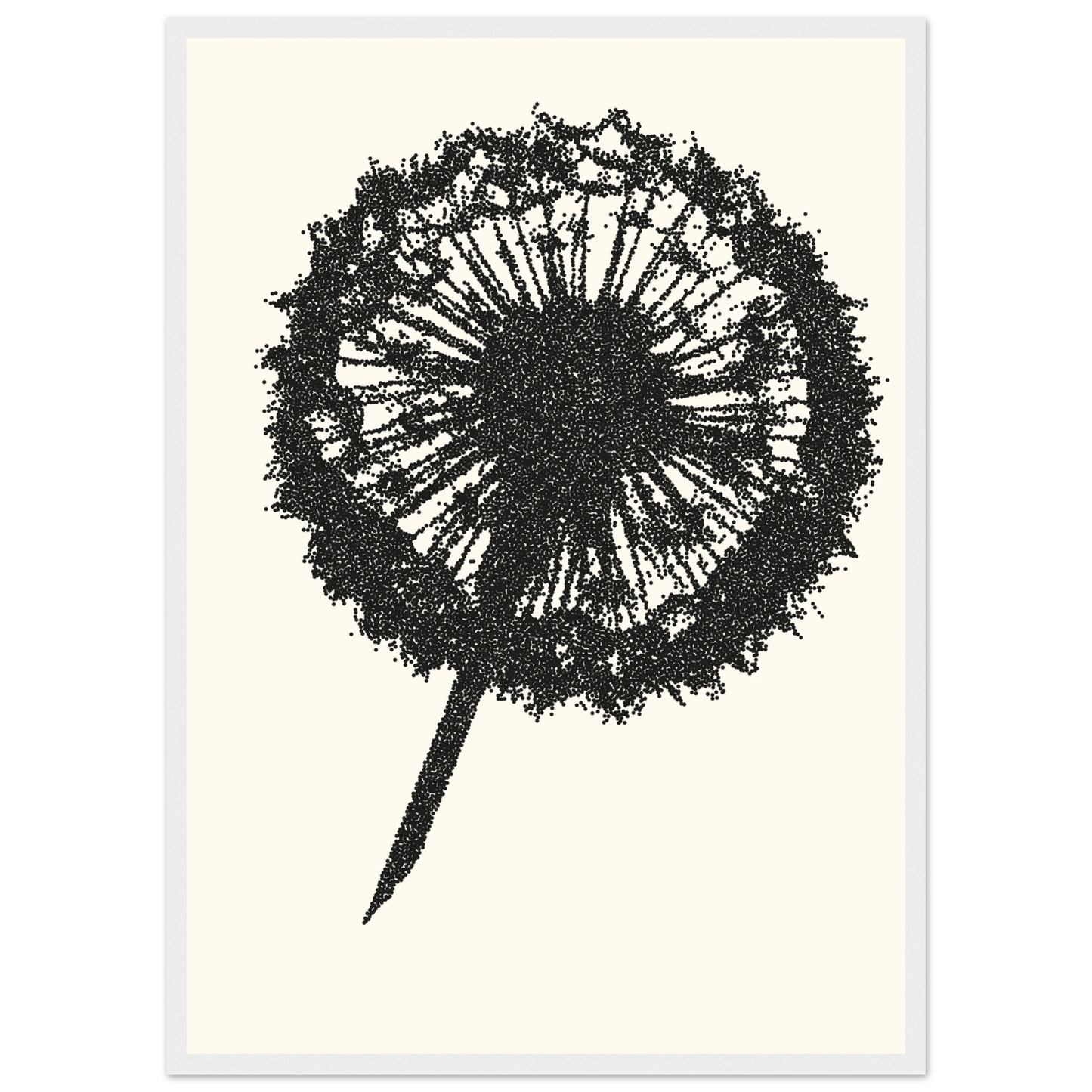 Abstract dandelion seed head art print by anya trut minimalist dot work wall decor in your choice of size frame art print in a Wood frame size A2 (42 x 59.4  cm) affordable wall art by Art Aunty NZ