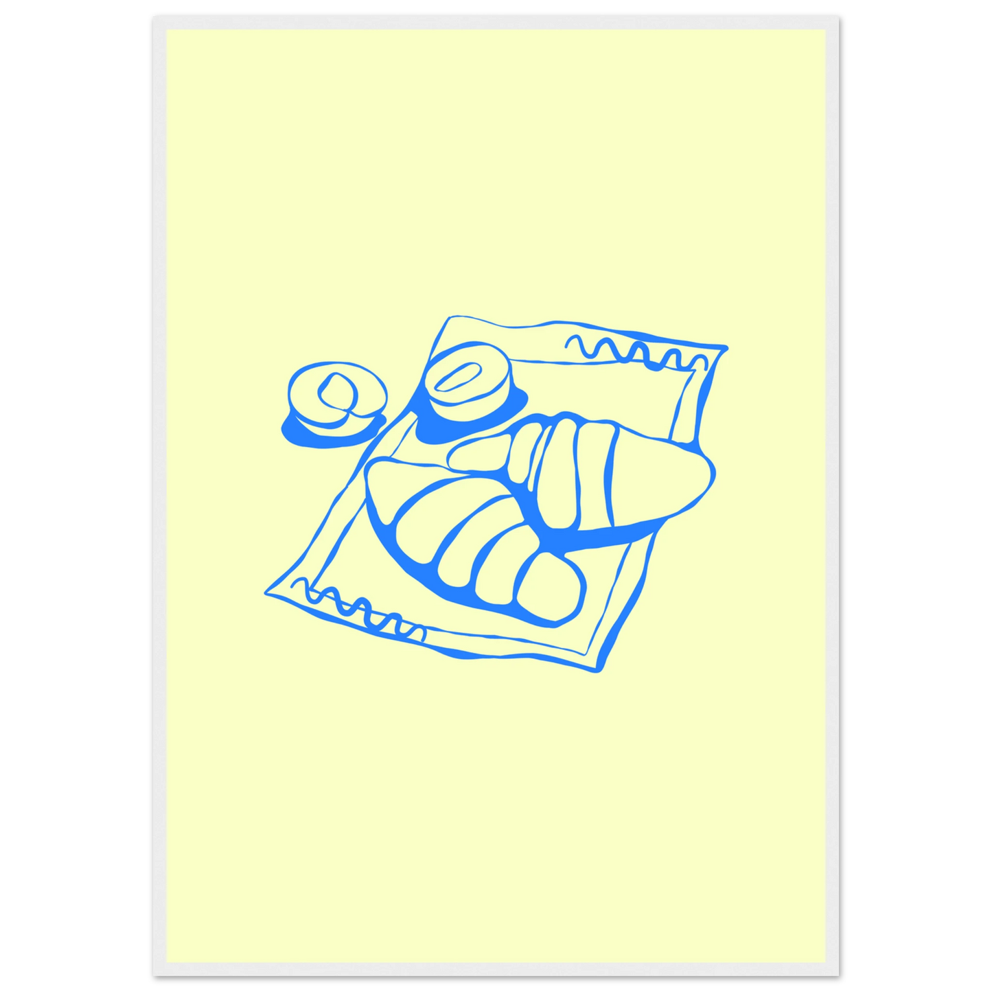 Minimalist blue croissant art print charming breakfast illustration in your choice of frame size art print in a White frame size 21x29.7 cm / 8x12" affordable wall art by Art Aunty NZ