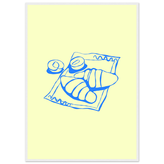 Minimalist blue croissant art print charming breakfast illustration in your choice of frame size art print in a White frame size 21x29.7 cm / 8x12" affordable wall art by Art Aunty NZ