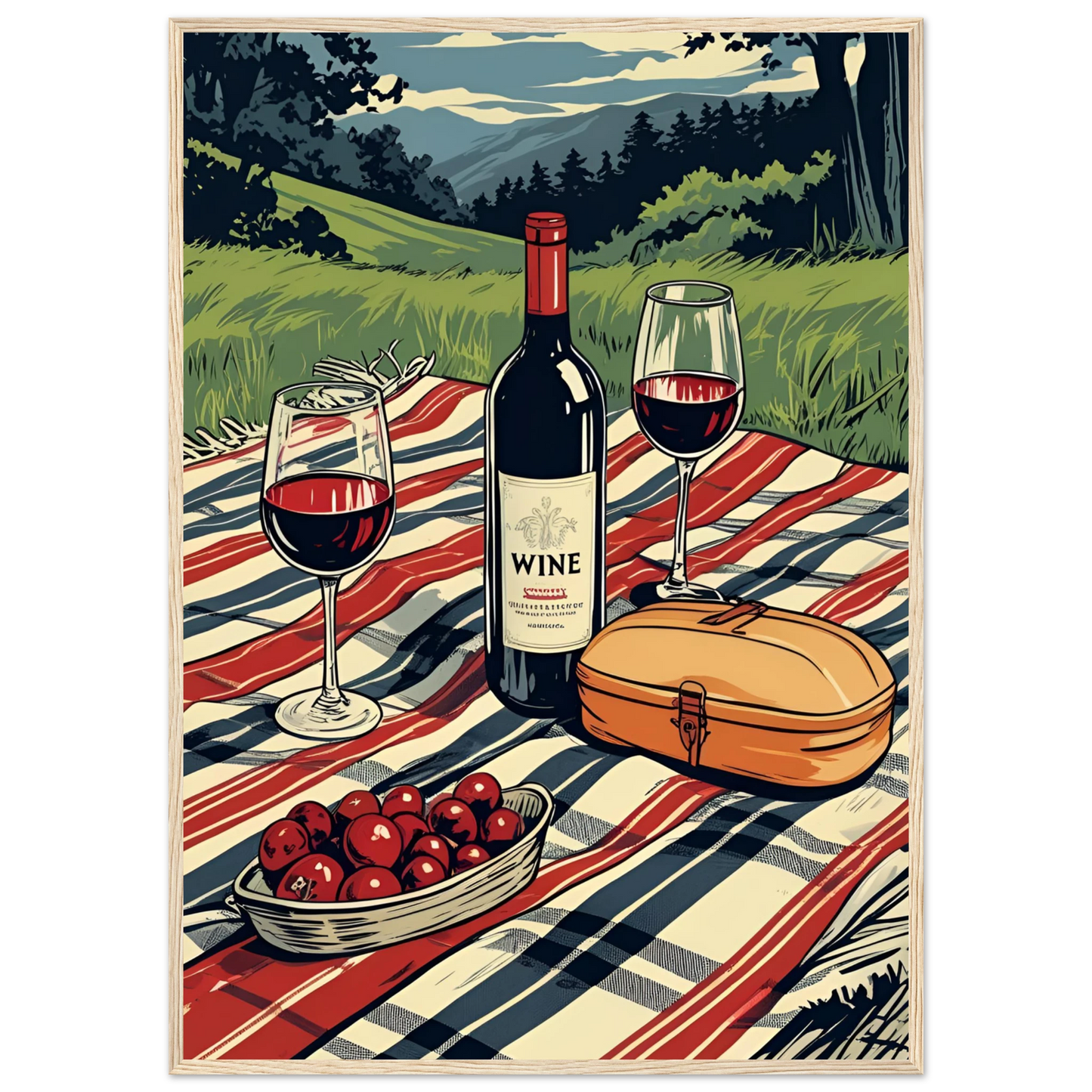 Summer picnic wine cherries serene landscape art print choose your size frame art print in a Black frame size A1 (59.4 x 84.1  cm) affordable wall art by Art Aunty NZ