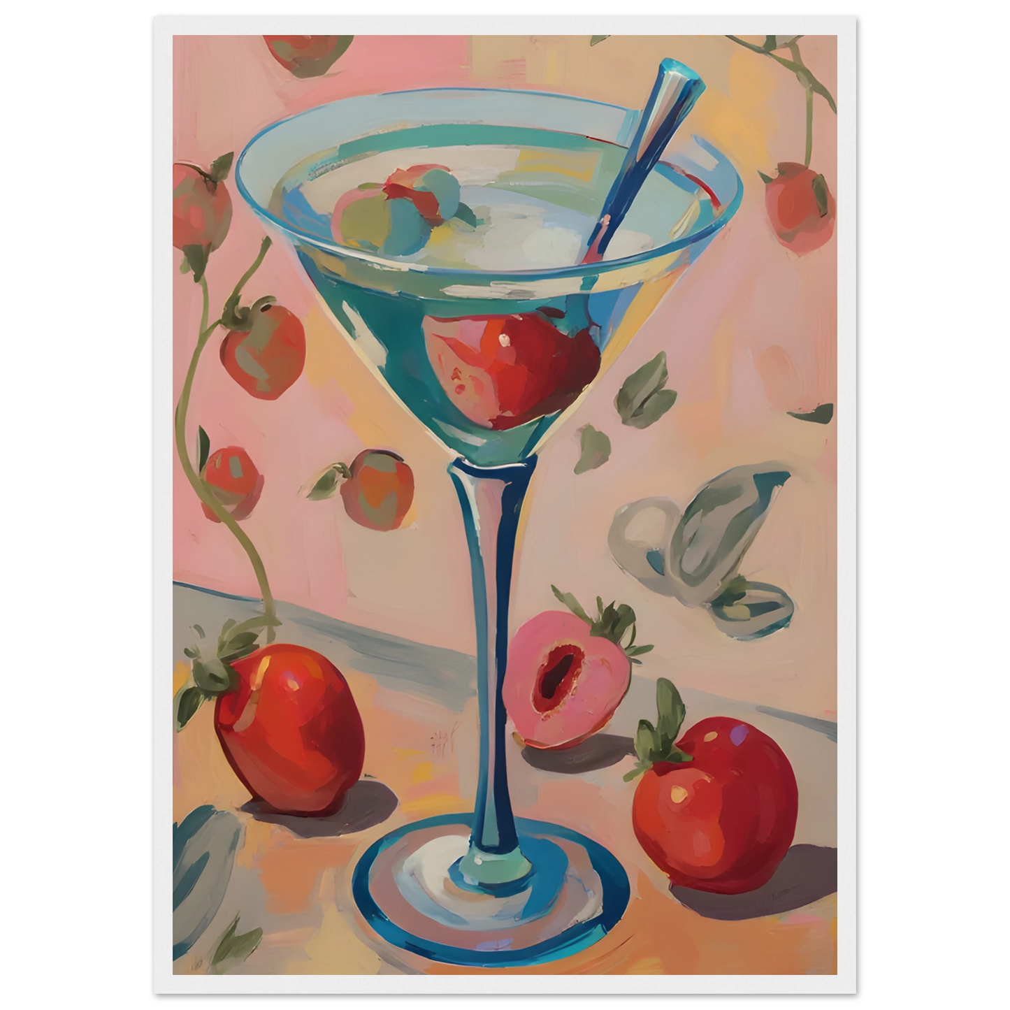 Summer bliss martini playful pop art print by anya trut vibrant wall decor in your choice of size frame art print in a Wood frame size A2 (42 x 59.4  cm) affordable wall art by Art Aunty NZ