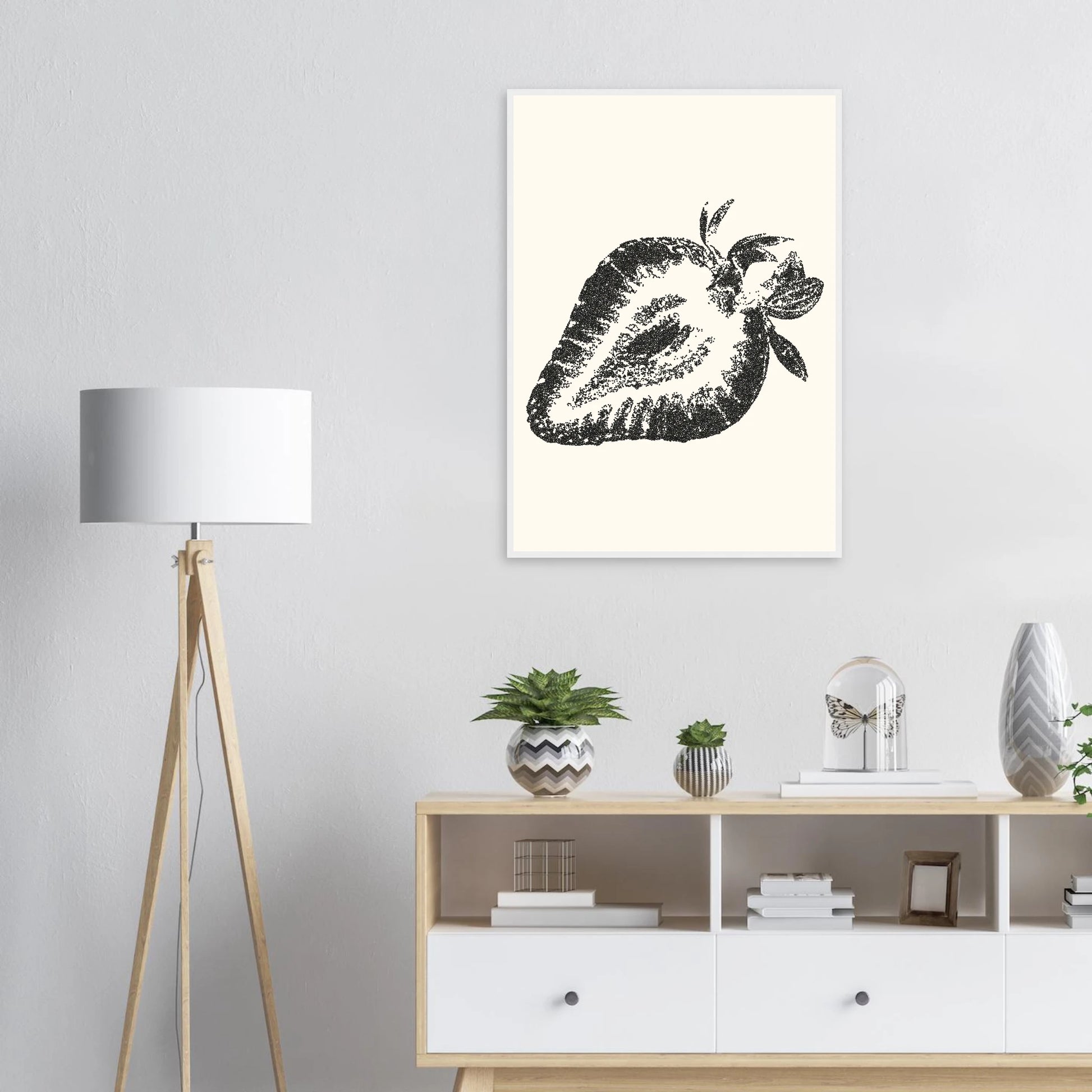 Strawberry pointillism print modern farmhouse wall art in your choice of size frame art print in a  size  affordable wall art by Art Aunty NZ