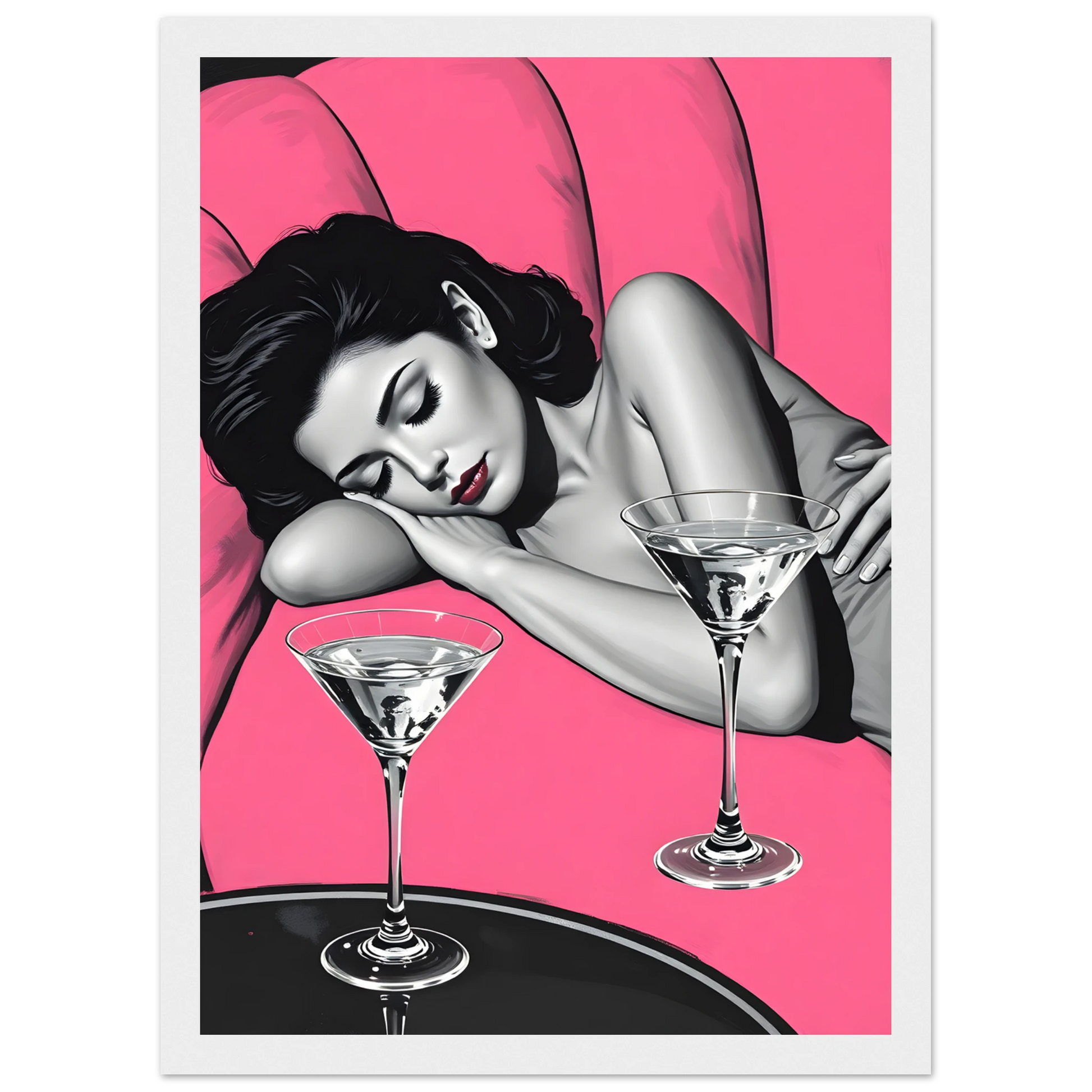 Pink noir chic night cap pop art print by anya trut choose your size frame art print in a Wood frame size A1 (59.4 x 84.1  cm) affordable wall art by Art Aunty NZ