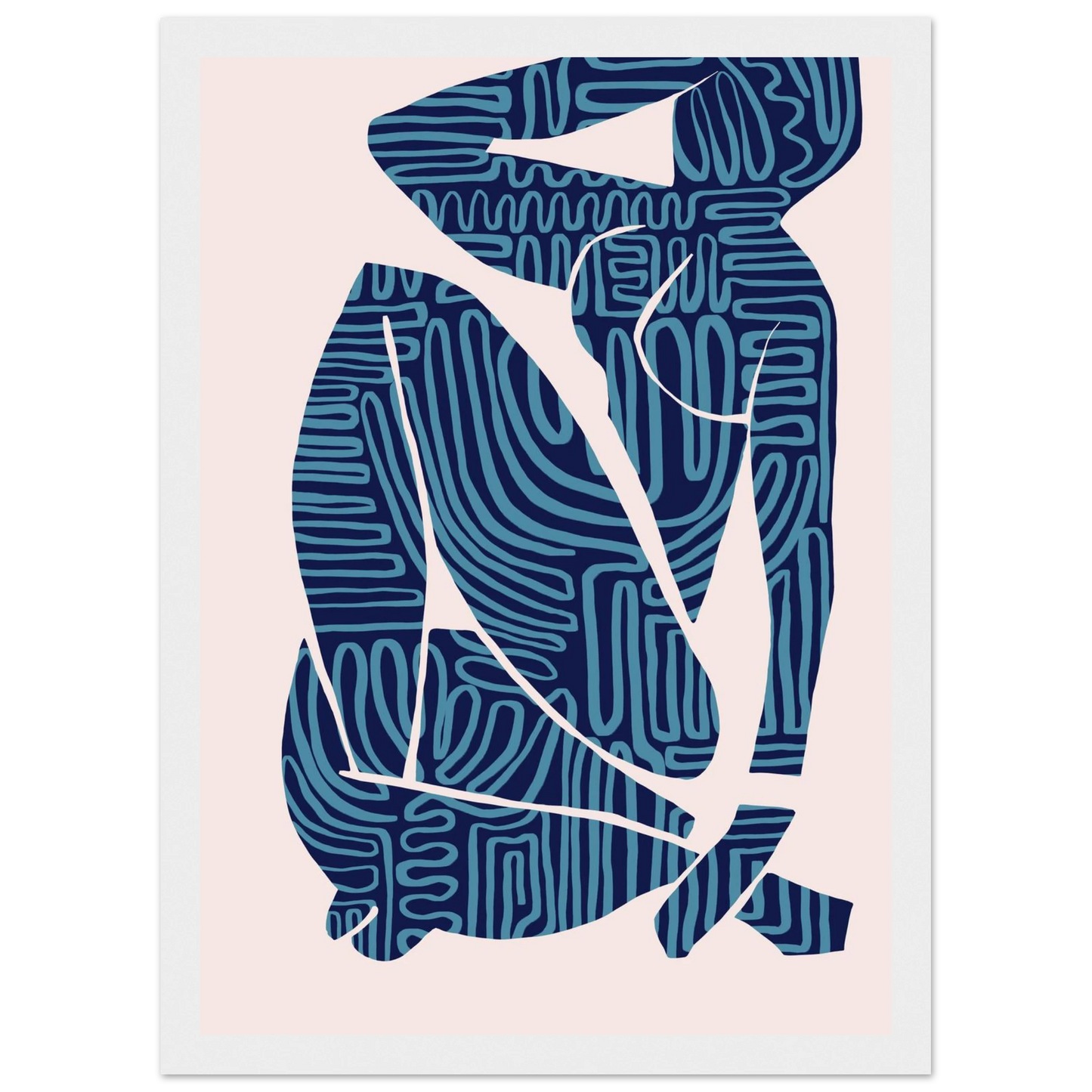 Abstract figurative blue navy art print reclining dream by ioana horvat art print in a Wood frame size A1 (59.4 x 84.1  cm) affordable wall art by Art Aunty NZ