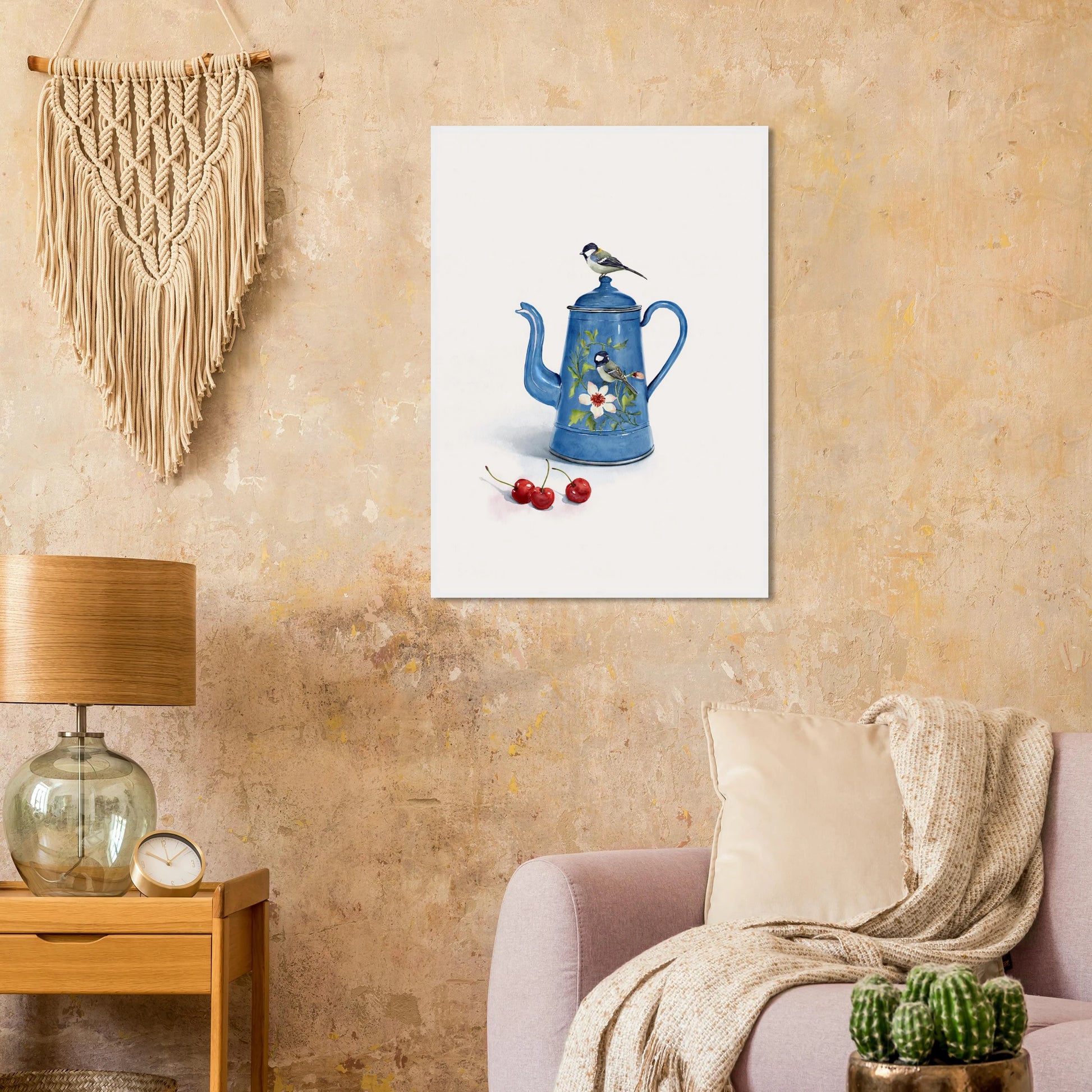Charming blue bird enamel kettle art print by ioana horvat choose your size frame art print in a  size  affordable wall art by Art Aunty NZ