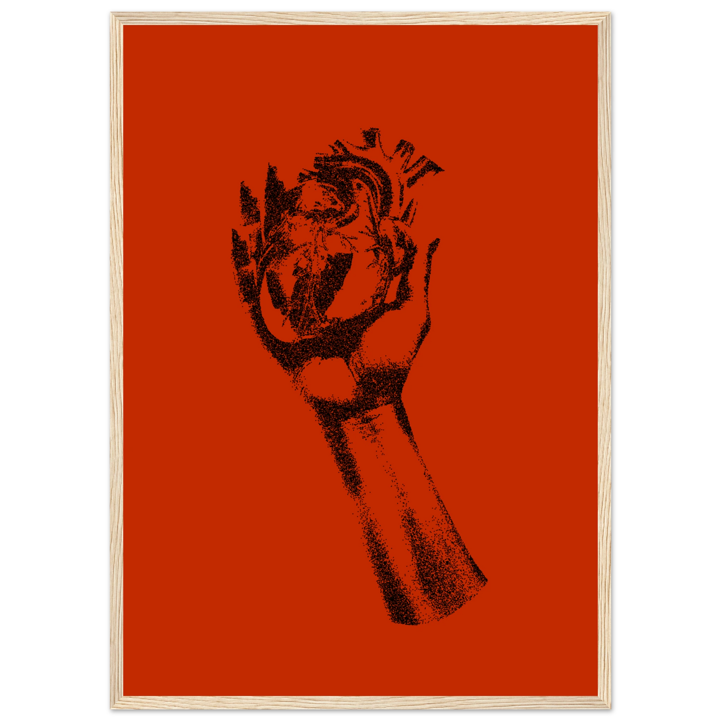 Fiery heart in hand stipple art print by anya trut choose your size frame art print in a White frame size A1 (59.4 x 84.1  cm) affordable wall art by Art Aunty NZ