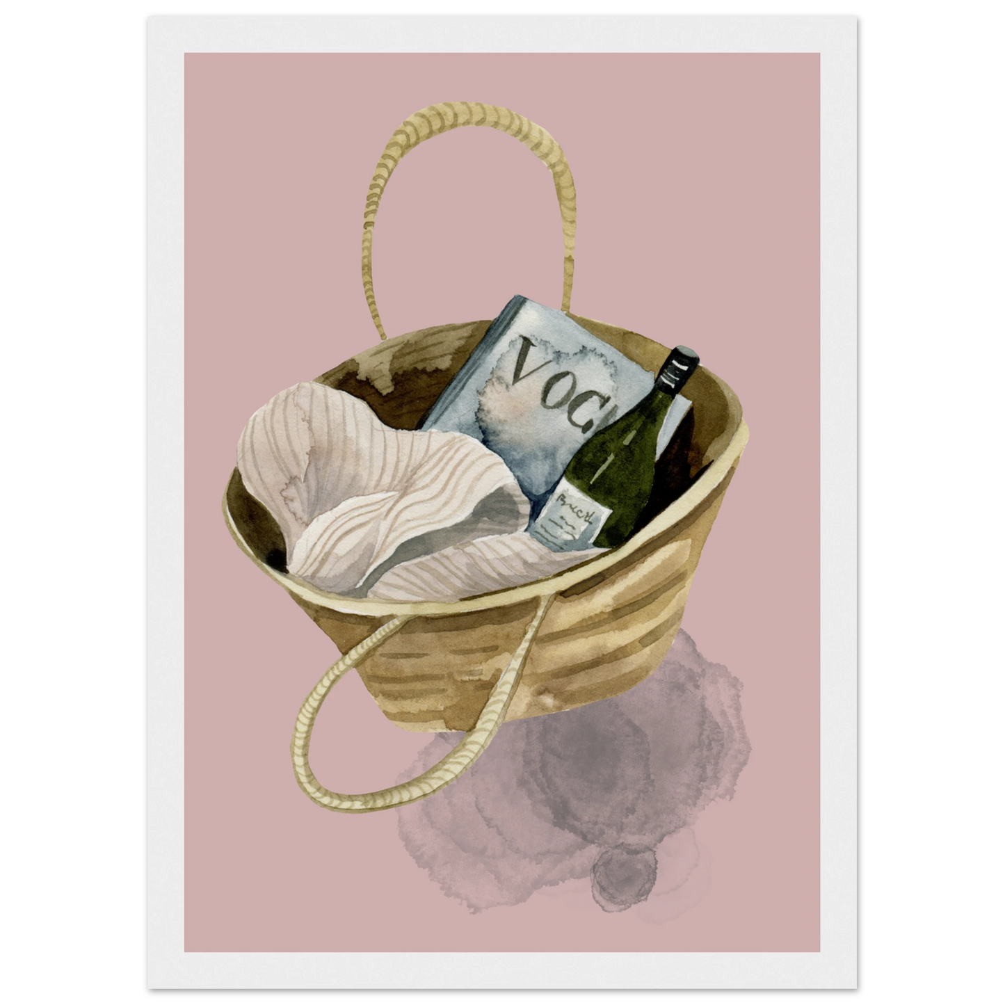 Chic beach bag with vogue wine watercolor art print boho summer aesthetic wall decor by anya trut art print in a Wood frame size A1 (59.4 x 84.1  cm) affordable wall art by Art Aunty NZ