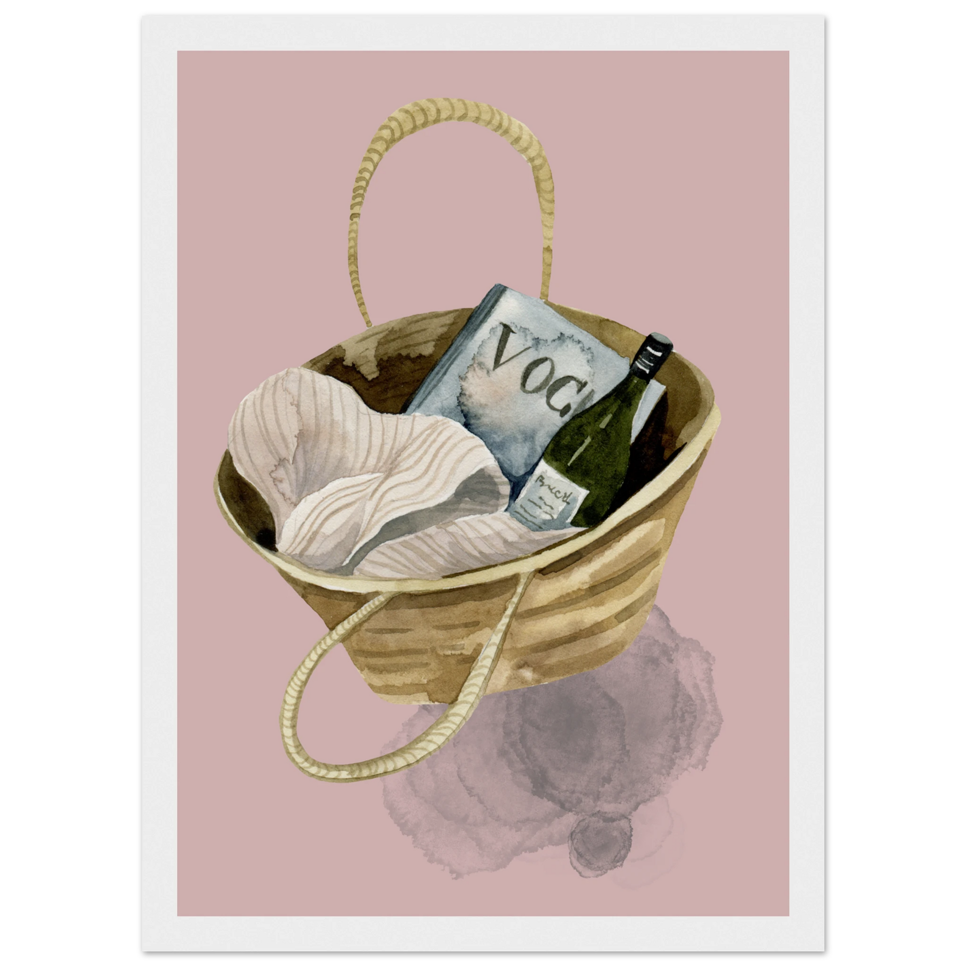 Chic beach bag with vogue wine watercolor art print boho summer aesthetic wall decor by anya trut art print in a Wood frame size A1 (59.4 x 84.1  cm) affordable wall art by Art Aunty NZ