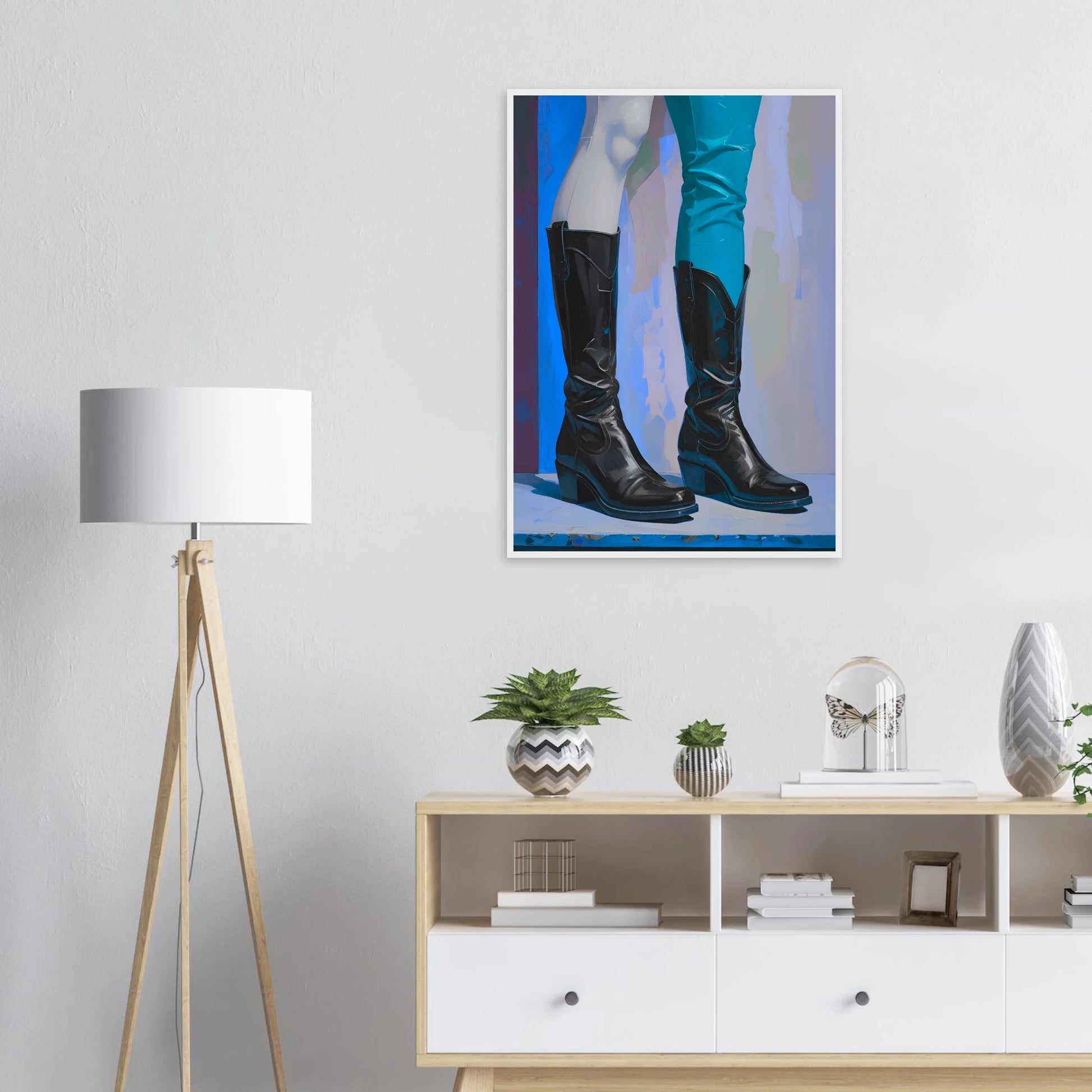 Urban cowboy boots abstract art print by anya trut striking blue black contrast customizable framed poster art print in a  size  affordable wall art by Art Aunty NZ