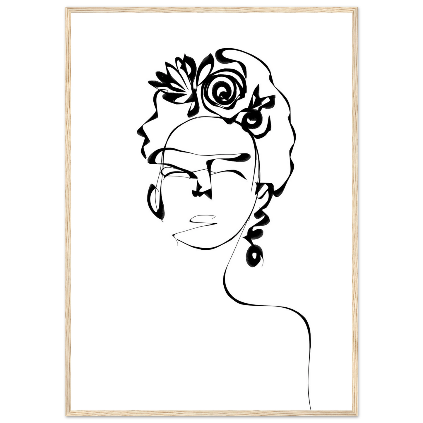 Minimalist frida kahlo inspired line art poster abstract floral portrait print in your choice of size and frame art print in a White frame size A1 (59.4 x 84.1  cm) affordable wall art by Art Aunty NZ