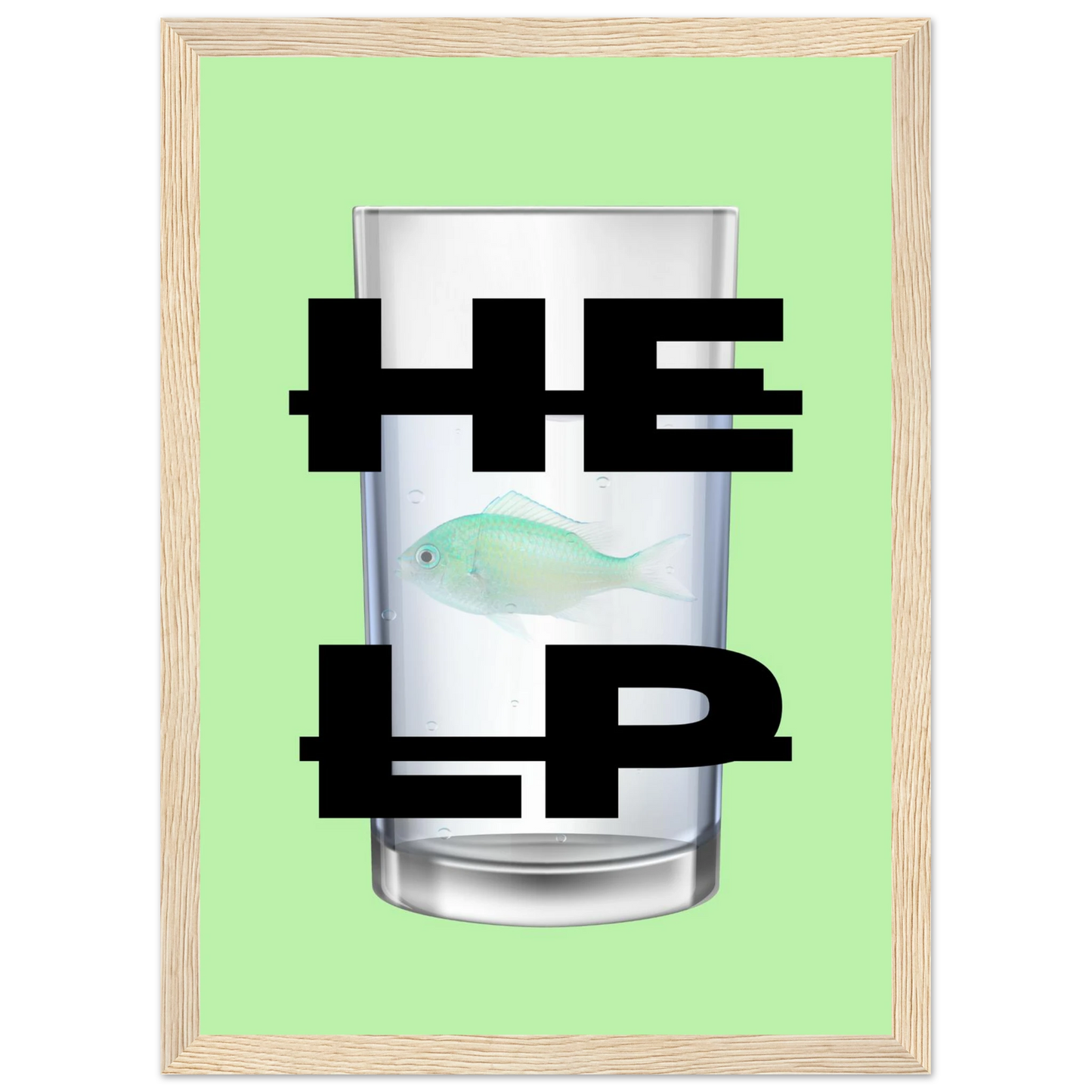 Eco vibe help fish in glass print by anya trut modern art in your choice of size frame art print in a Black frame size 21x29.7 cm / 8x12" affordable wall art by Art Aunty NZ