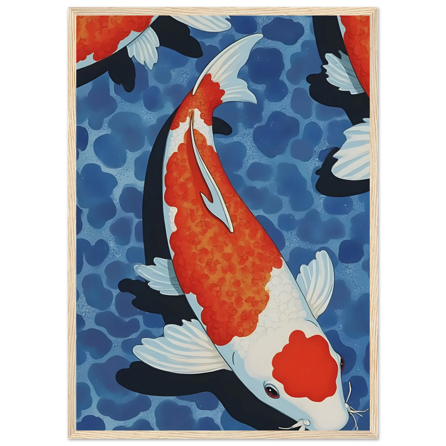 Zen koi pond art print vibrant orange white fish in blue water in your choice of size and frame art print in a Black frame size A2 (42 x 59.4  cm) affordable wall art by Art Aunty NZ