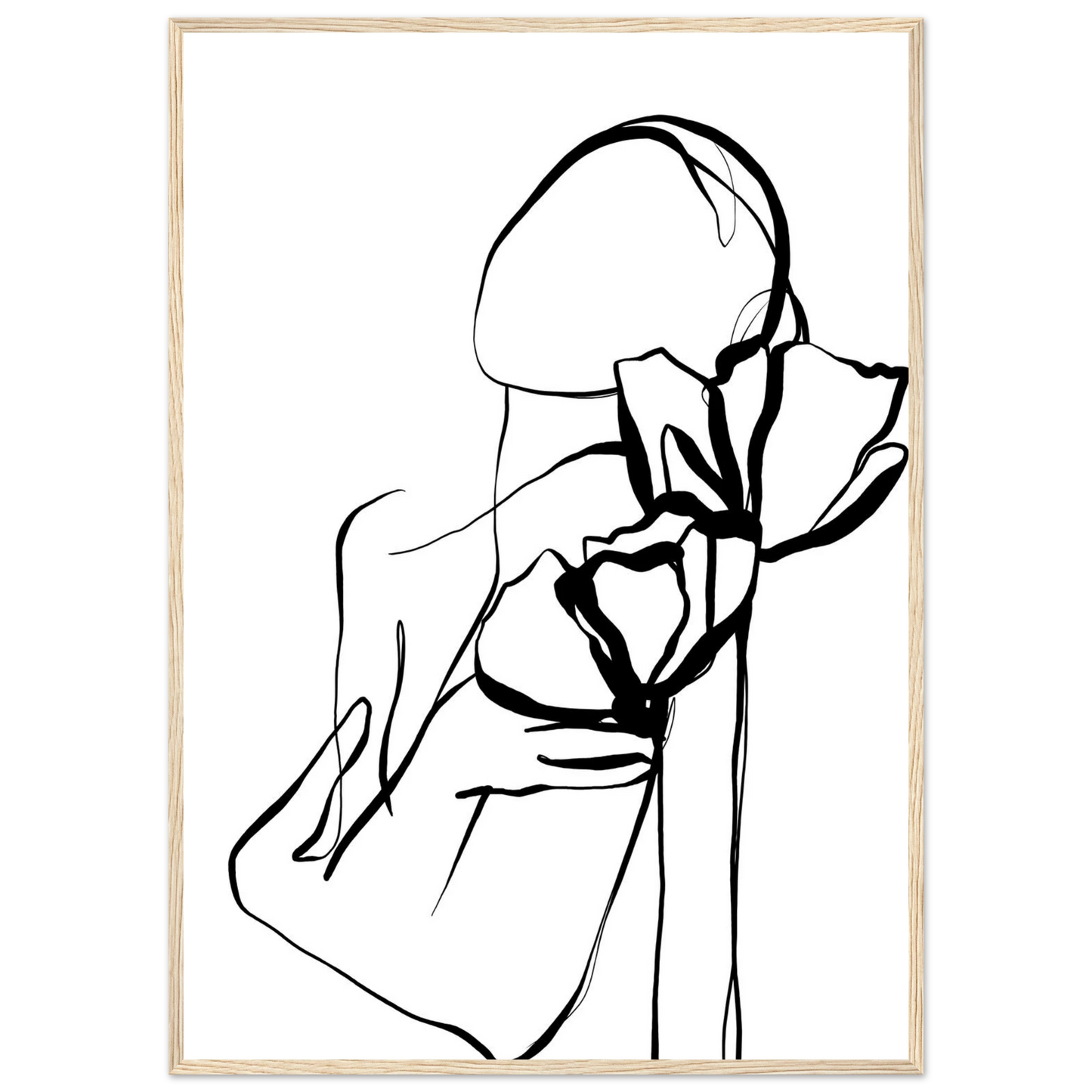 Abstract floral embrace line art print minimalist black white botanical poster art print in a White frame size A1 (59.4 x 84.1  cm) affordable wall art by Art Aunty NZ