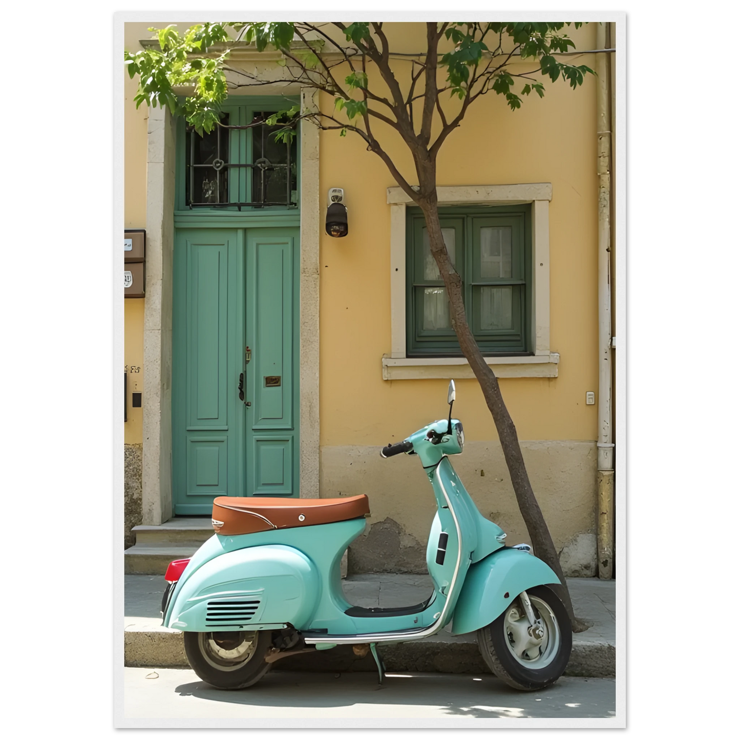 Retro teal vespa street scene art print by anya trut choose your size frame art print in a White frame size 21x29.7 cm / 8x12" affordable wall art by Art Aunty NZ
