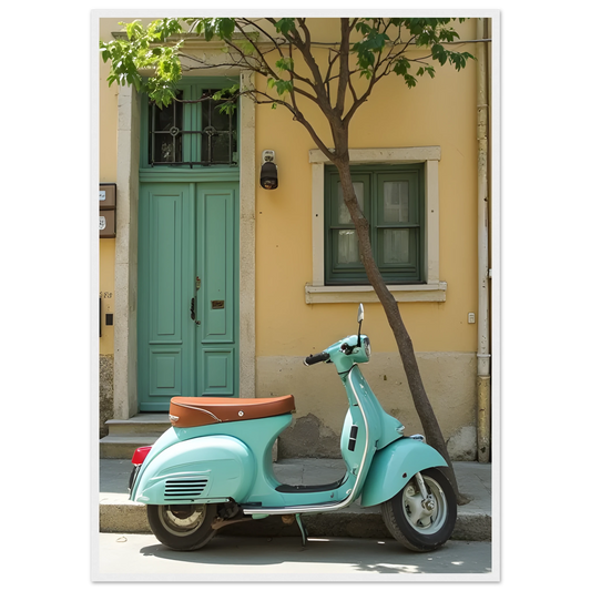 Retro teal vespa street scene art print by anya trut choose your size frame art print in a White frame size 21x29.7 cm / 8x12" affordable wall art by Art Aunty NZ