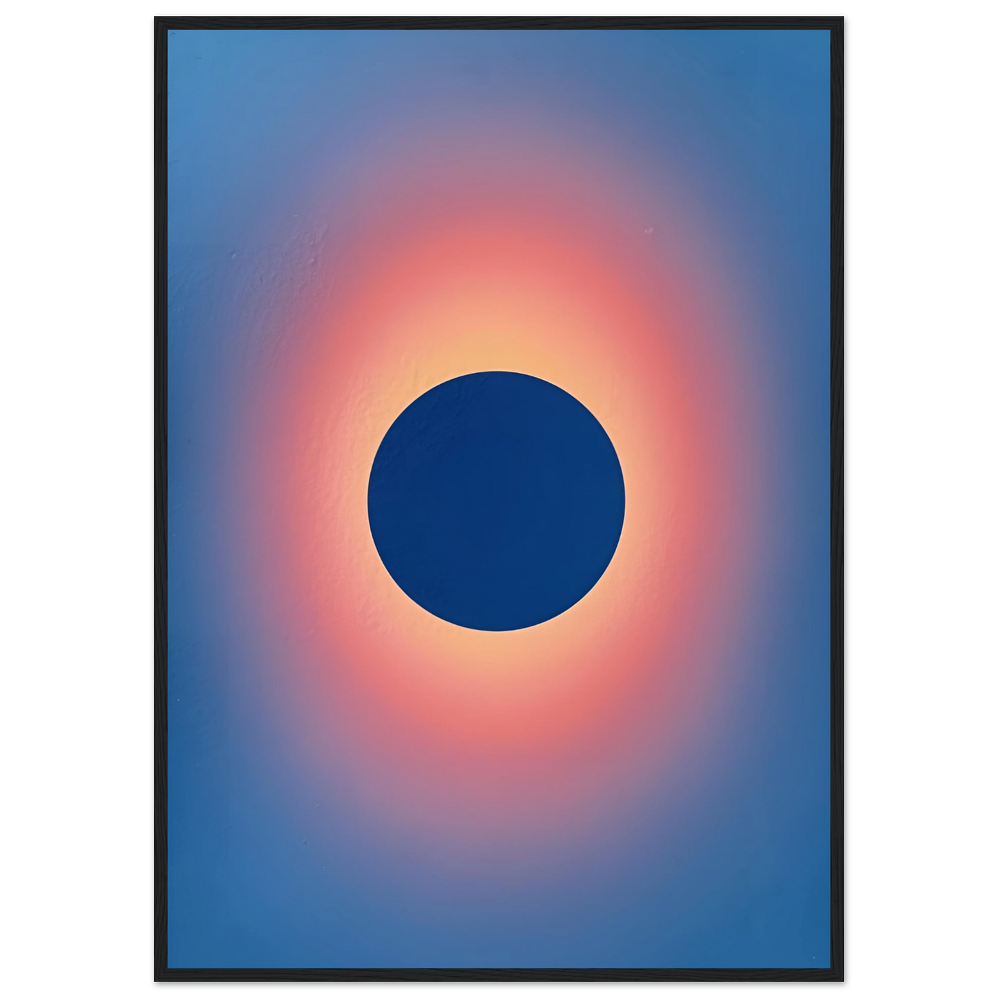 Cosmic eclipse gradient art print celestial blue sunset glow wall decor by anya trut multiple sizes and frames art print in a Black frame size A2 (42 x 59.4  cm) affordable wall art by Art Aunty NZ
